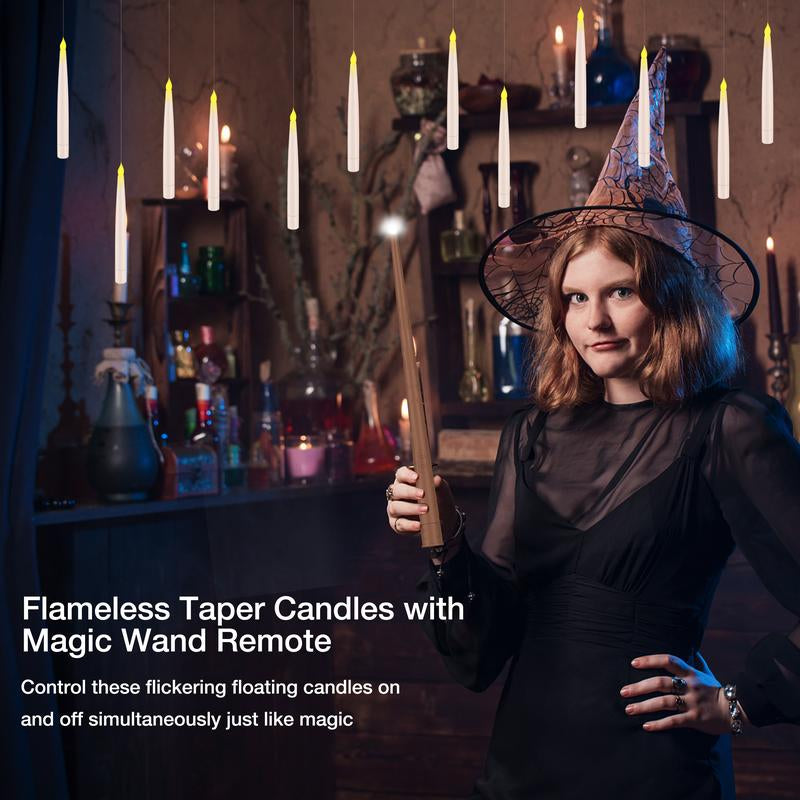 Flameless Candles with Magic Wand Remote for Christmas Decor, 6.6" Floating Candles Battery Operated Hanging Window Candles, Flickering Electric LED Candle for Christmas Halloween Decorations