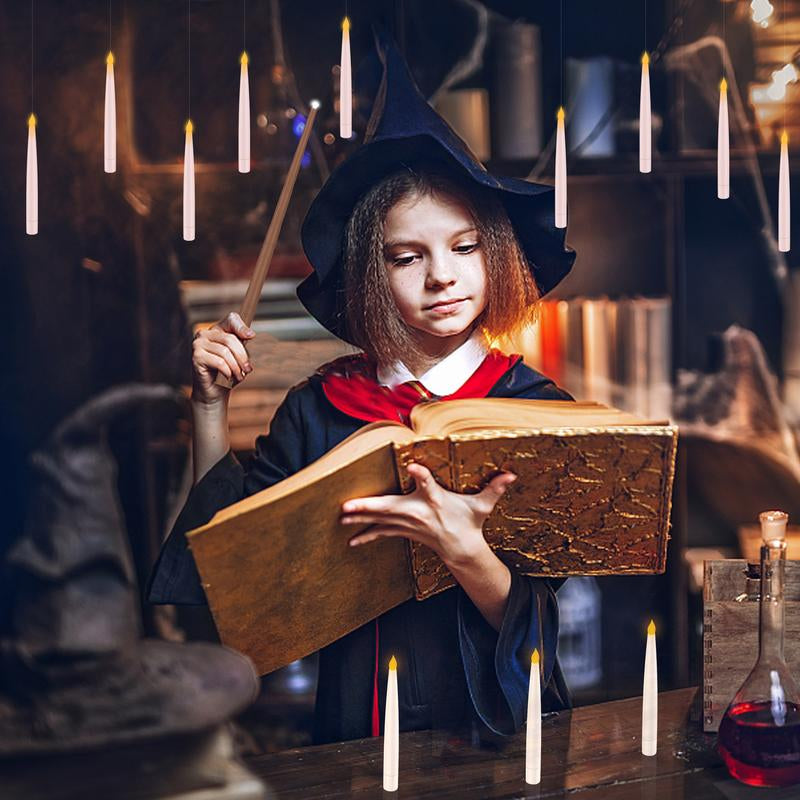Flameless Candles with Magic Wand Remote for Christmas Decor, 6.6" Floating Candles Battery Operated Hanging Window Candles, Flickering Electric LED Candle for Christmas Halloween Decorations