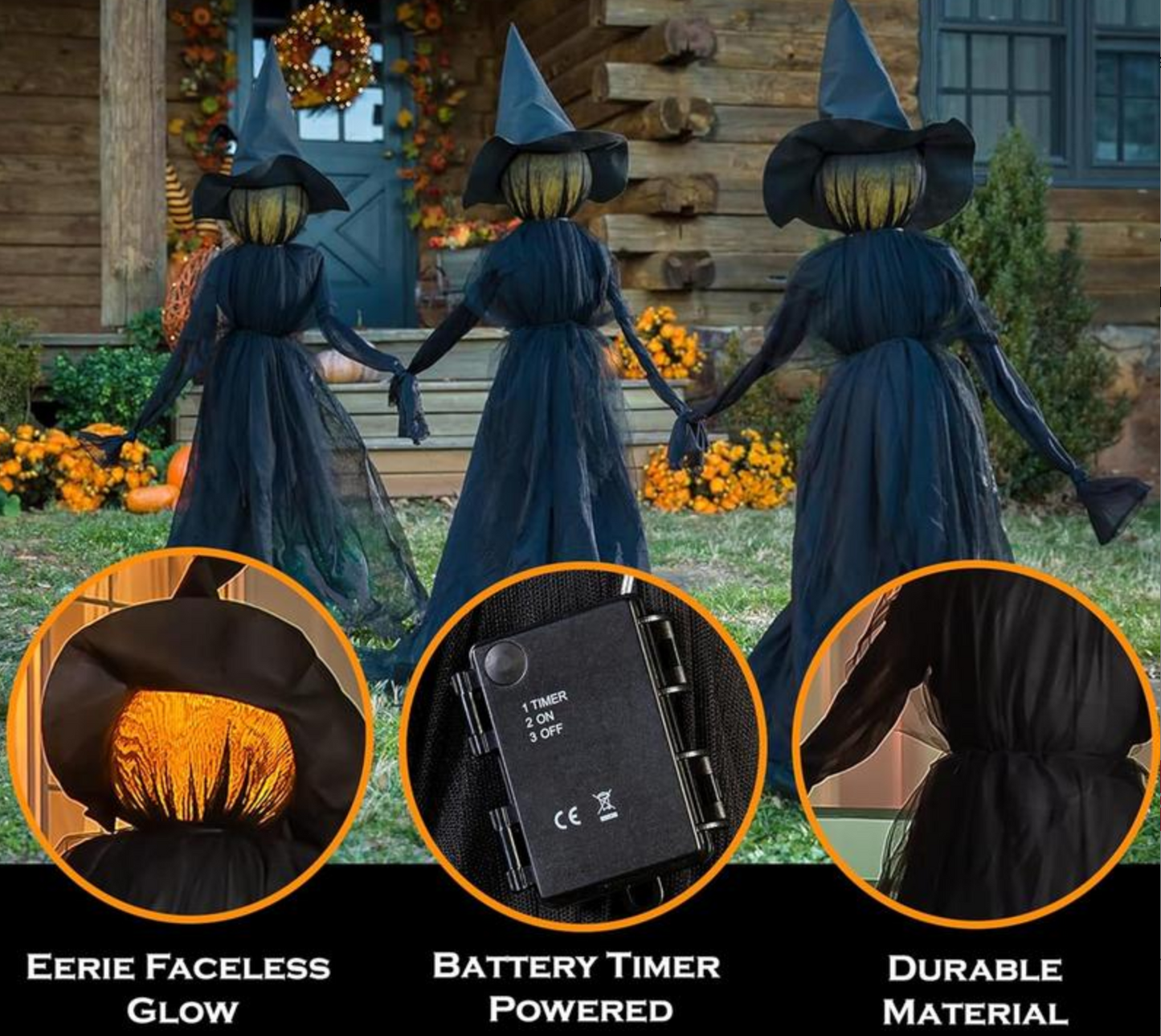 Set of 3 Light-Up Witches – Sound-Activated Halloween Yard Decoration