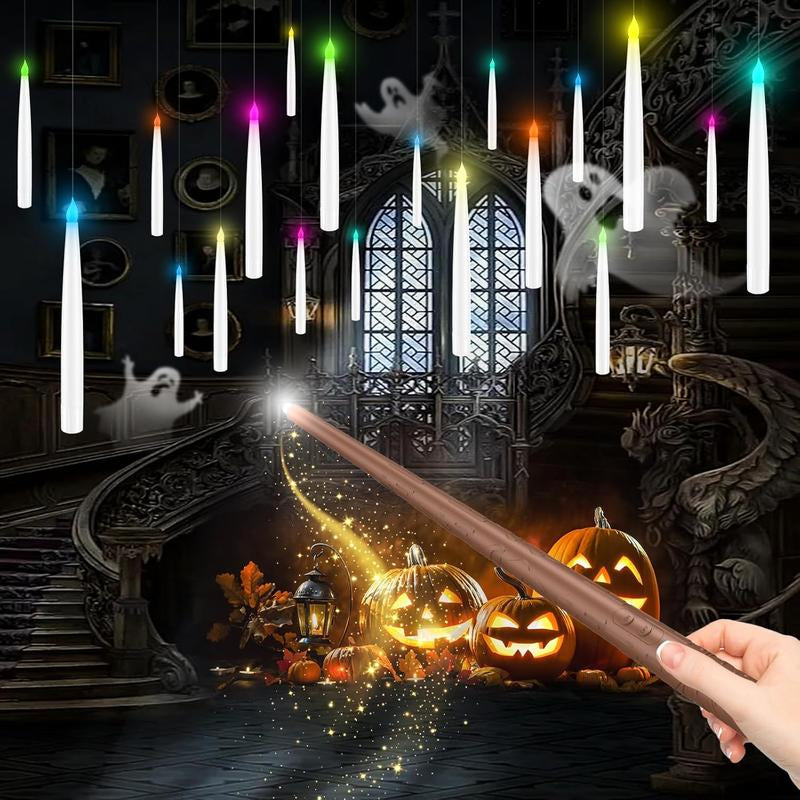 Flameless Candles with Magic Wand Remote for Christmas Decor, 6.6" Floating Candles Battery Operated Hanging Window Candles, Flickering Electric LED Candle for Christmas Halloween Decorations
